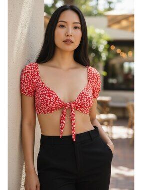 Zaful Top Women's Size S Red & White Cropped Floral Puff Sleeve Front Tie Boho